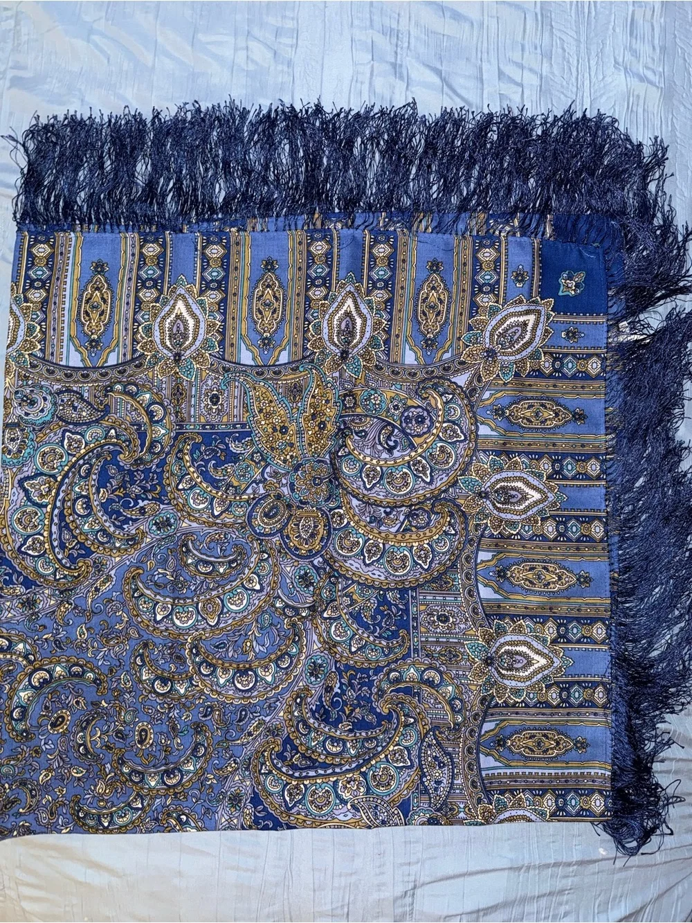 Wool Blue Paisley Fringe Russian Scarf by Platki